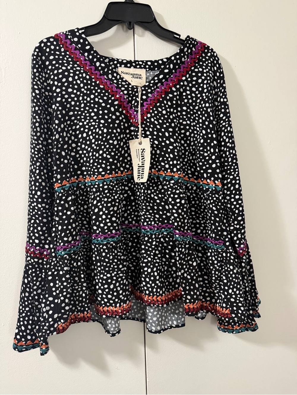 Savanna Jane Black Polka Dot Tiered Tunic with Pink Purple Teal & Orange Trim